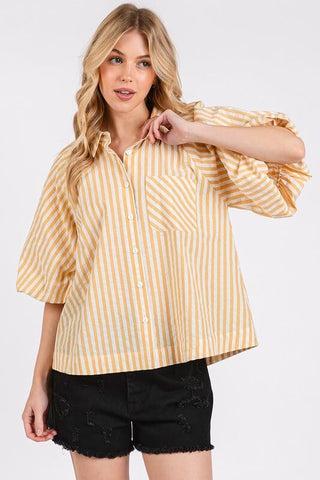 Mittoshop Button Down Striped Puff Sleeve Shirt - 1985 the VAULT Boutique