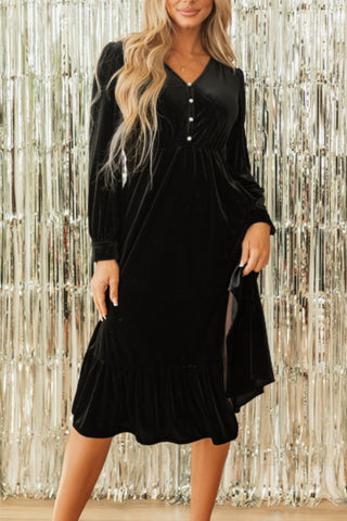 Ruffle Hem Slit V-Neck Long Sleeve Dress - 1985 the VAULT Boutique