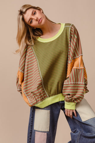 BiBi Color Block Striped Round Neck Sweatshirt - 1985 the VAULT Boutique