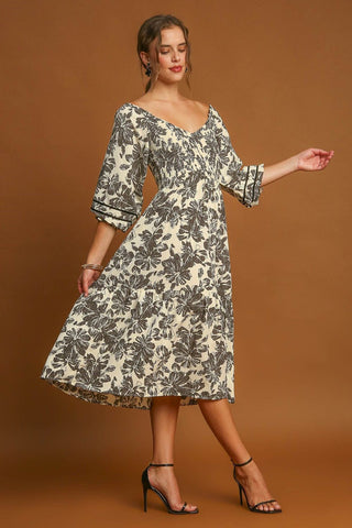 Umgee Ruffle Hem Flower Printed V-Neck Dress - 1985 the VAULT Boutique