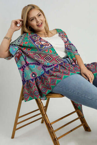 Umgee Full Size Mixed Print Ruffle Hem Open Front Cover Up Plus Size - 1985 the VAULT Boutique