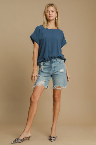 Umgee Drawstring Hem Round Neck Short Sleeve T-Shirt - 1985 the VAULT Boutique