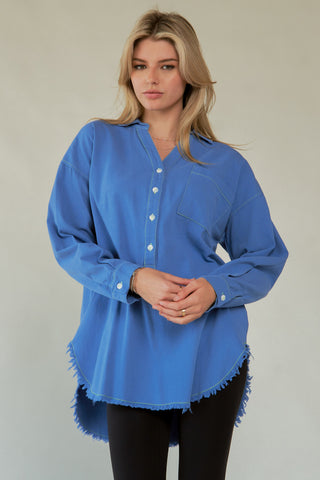 Davi & Dani Letter Back Raw Hem Half Button Shirt - 1985 the VAULT Boutique