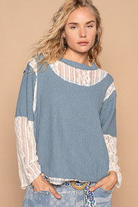 POL Lace Panel Round Neck Long Sleeve Top - 1985 the VAULT Boutique