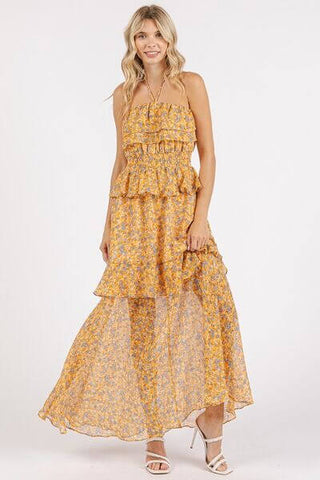 Mittoshop Ruffled Smocked Floral Halter Neck Maxi Dress - 1985 the VAULT Boutique