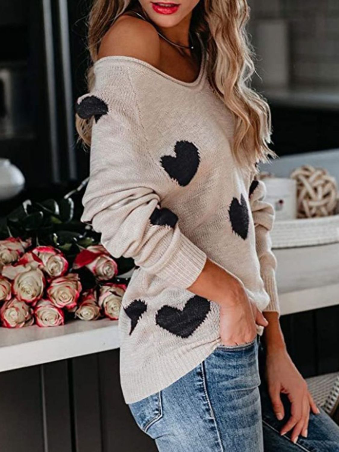 Heart Scoop Neck Long Sleeve Sweater - 1985 the VAULT Boutique