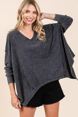 Mittoshop Mineral Wash V-Neck Long Sleeve Oversized Top - 1985 the VAULT Boutique