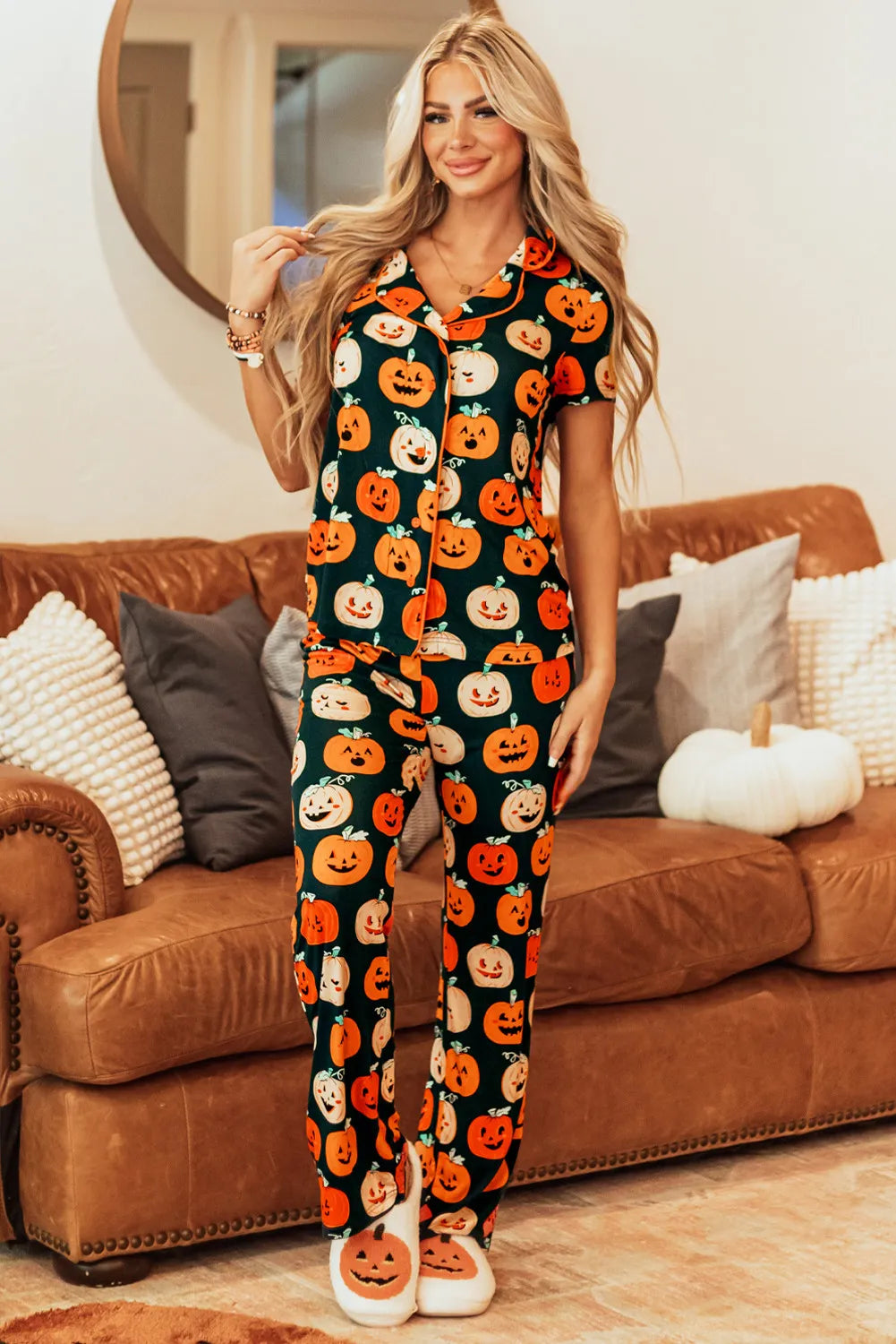 Pumpkin Printed Short Sleeve Top and Pants Lounge Set - 1985 the VAULT Boutique