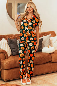 Pumpkin Printed Short Sleeve Top and Pants Lounge Set - 1985 the VAULT Boutique