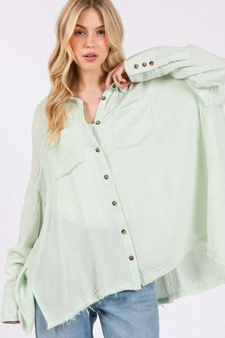 SAGE + FIG Frayed Hem Side Slit Button Down Shirt - 1985 the VAULT Boutique