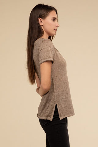 Basic Washed Melange Burnout Scoop V-Neck Top - 1985 the VAULT Boutique