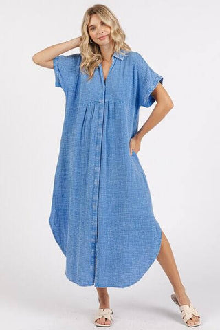 Mittoshop Mineral Wash V Neck Button Up Midi Shirt Dress - 1985 the VAULT Boutique