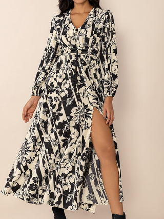 Tied Printed V-Neck Long Sleeve Midi Dress - 1985 the VAULT Boutique