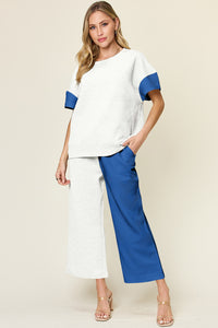 Double Take Full Size Texture Contrast T-Shirt and Wide Leg Pants Set - 1985 THE VAULT