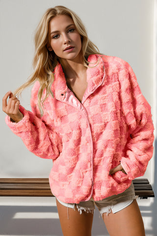 Double Take Checkered Long Sleeve Fuzzy Jacket - 1985 the VAULT Boutique