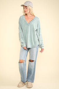 VERY J Washed V-Neck Exposed Seam Knit Top - 1985 the VAULT Boutique