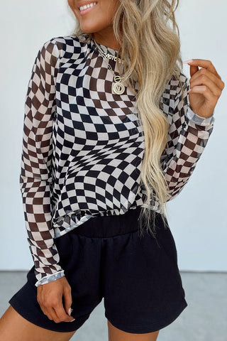 Checkered Mock Neck Long Sleeve Blouse - 1985 the VAULT Boutique