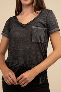 Basic Washed Melange Burnout Scoop V-Neck Top - 1985 the VAULT Boutique