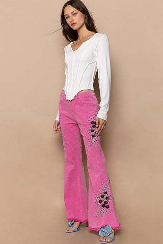 POL Raw Hem Embroidered Flare Pants - 1985 the VAULT Boutique