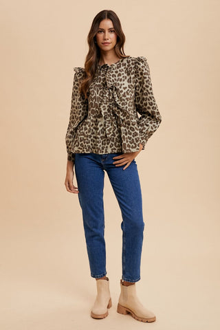 Annie Wear Tied Leopard Round Neck Peplum Blouse - 1985 the VAULT Boutique