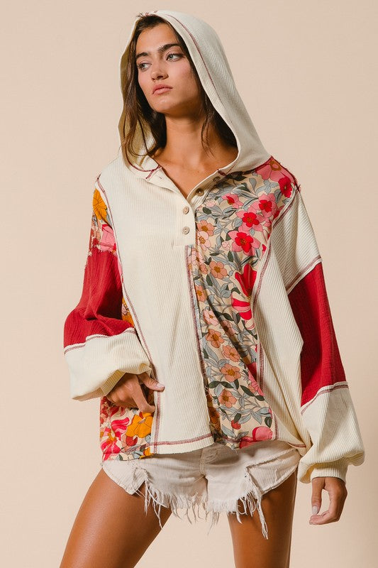 BiBi Contrast Stitching Floral Half Button Hoodie - 1985 the VAULT Boutique