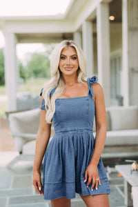 Square Neck Tie Shoulder Denim Dress - 1985 the VAULT Boutique