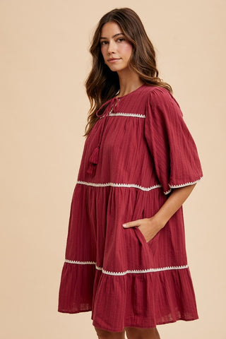 Annie Wear Tassel Contrast Trim Tie Neck Half Sleeve Tiered Dress - 1985 the VAULT Boutique