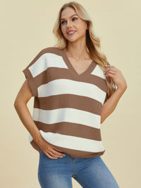 Double Take Full Size Striped V-Neck Short Sleeve Sweater - 1985 the VAULT Boutique