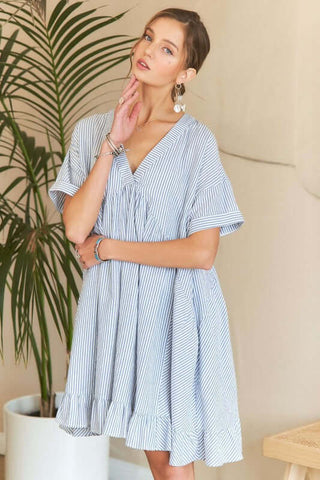 ADORA Ruffled Hem Striped V-Neck Babydoll Dress - 1985 the VAULT Boutique