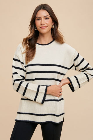 Annie Wear Side Slit Striped Round Neck Sweater - 1985 the VAULT Boutique