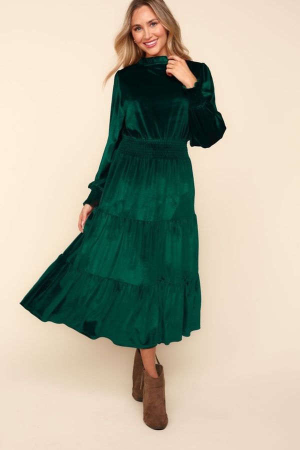 Haptics Mock Neck Smocked Waist Velvet Tiered Dress - 1985 the VAULT Boutique