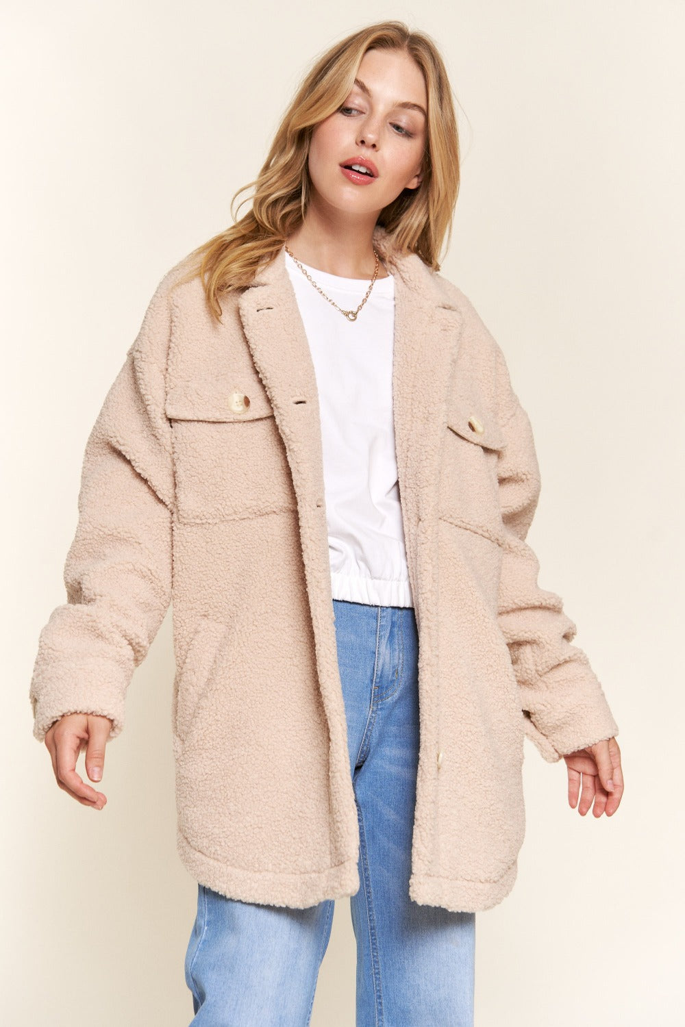 And The Why Teddy Sherpa Button Down Curved Hem Shacket - 1985 the VAULT Boutique