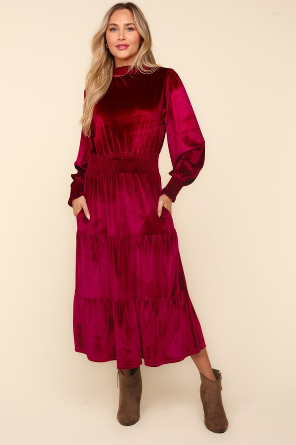 Haptics Mock Neck Smocked Waist Velvet Tiered Dress - 1985 the VAULT Boutique