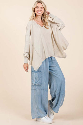 Mittoshop Mineral Wash V-Neck Long Sleeve Oversized Top - 1985 the VAULT Boutique