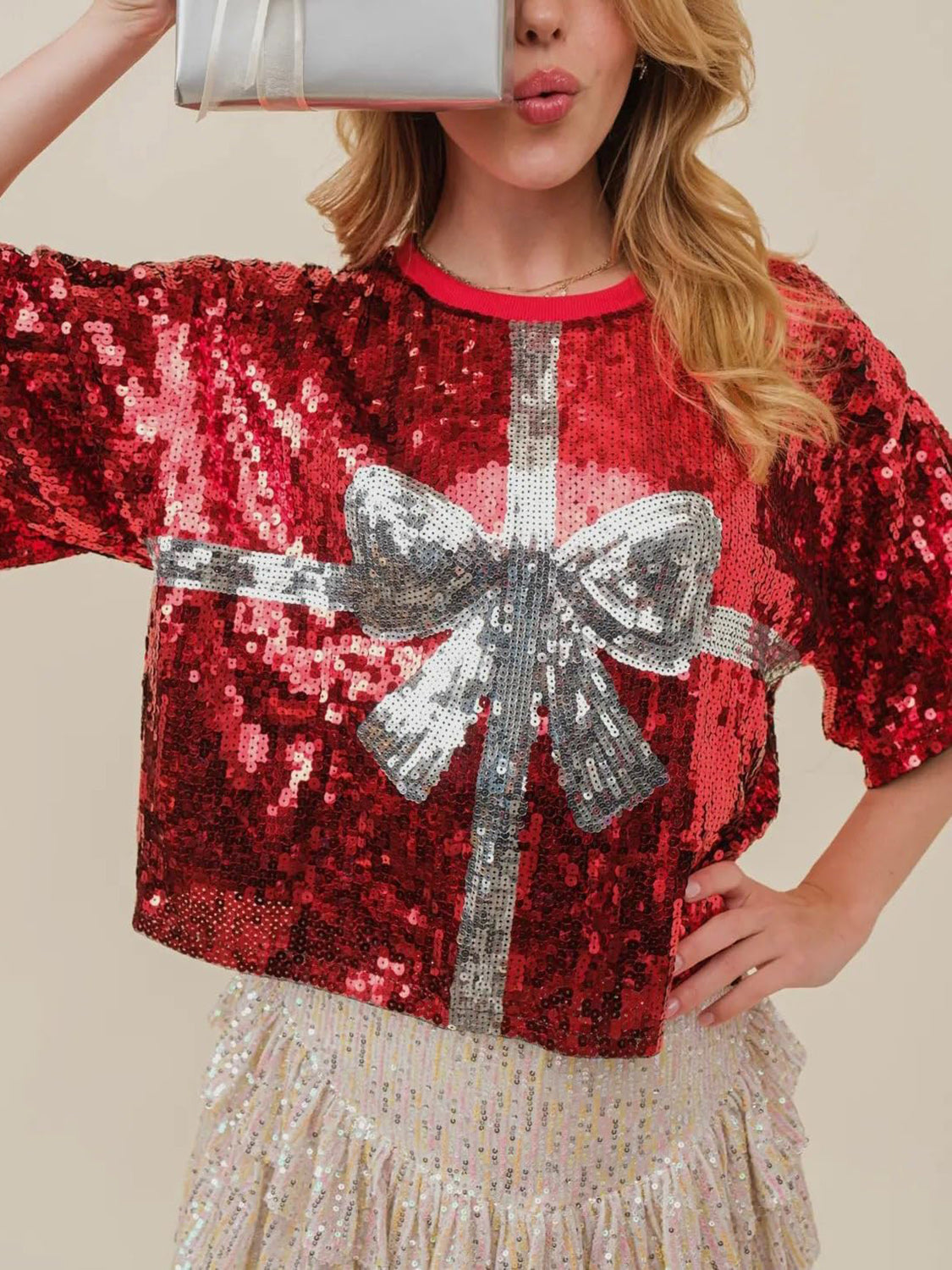 Sequin Bow Graphic Round Neck Half Sleeve T-Shirt - 1985 the VAULT Boutique