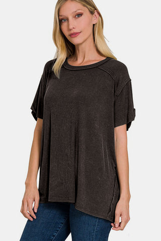 Zenana Washed Ribbed Short Sleeve Top - 1985 the VAULT Boutique