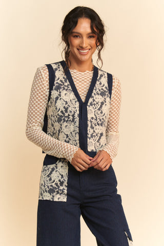 Davi & Dani Lace Patch Open Front Denim Vest - 1985 the VAULT Boutique