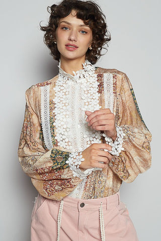 POL Lace Detail Printed Button Down Shirt - 1985 the VAULT Boutique