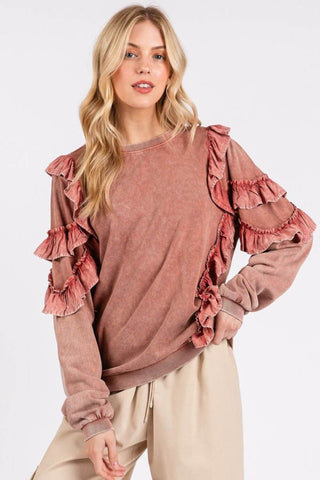 Mittoshop Ruffled Mineral Washed Round Neck Long Sleeve Sweatshirt - 1985 the VAULT Boutique