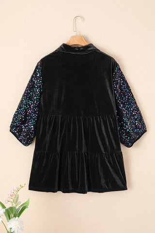 Sequin Collared Neck Three-Quarter Sleeve Oversize Shirt - 1985 the VAULT Boutique