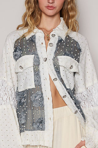 POL Eyelet Flower Pearl Detail Lace Patchwork Shirt - 1985 the VAULT Boutique