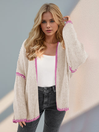 Double Take Contrast Open Front Dropped Shoulder Cardigan - 1985 the VAULT Boutique