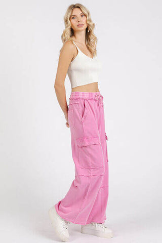 Mittoshop Mineral Wash Elastic Waist Cargo Wide Leg Pants - 1985 the VAULT Boutique