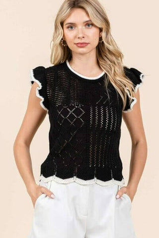 Mittoshop Openwork Contrast Trim Ruffled Cap Sleeve Knit Top - 1985 the VAULT Boutique