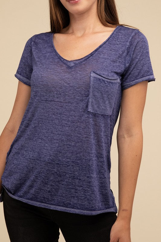 Basic Washed Melange Burnout Scoop V-Neck Top - 1985 the VAULT Boutique