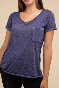 Basic Washed Melange Burnout Scoop V-Neck Top - 1985 the VAULT Boutique