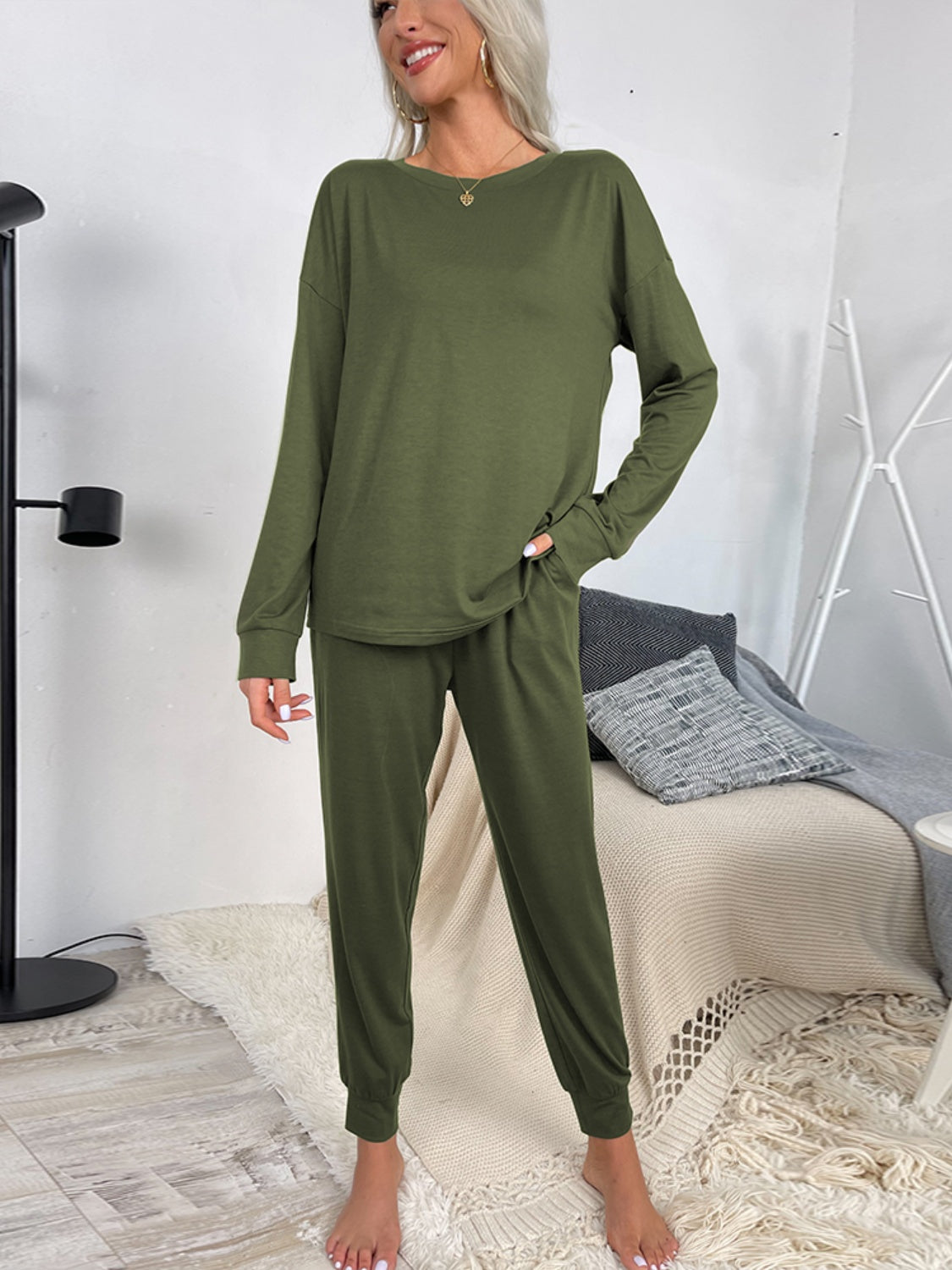 Shiny Round Neck Top and Drawstring Pants Lounge Set - 1985 the VAULT Boutique