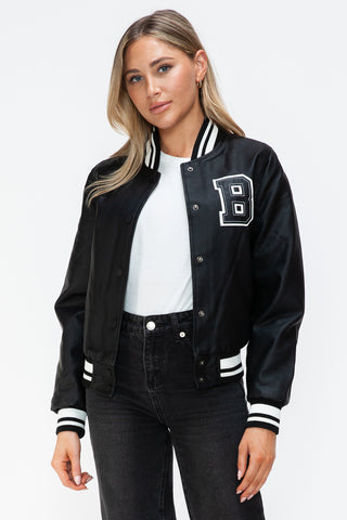 Love Me Now PU Leather Contrast Snap Down Bomber Jacket - 1985 the VAULT Boutique