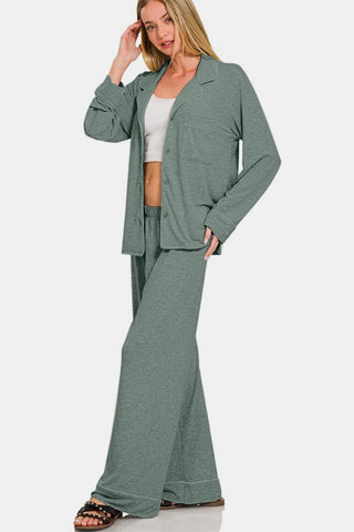 Zenana Button Down Long Sleeve Top and Pants Lounge Set - 1985 the VAULT Boutique