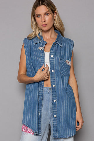 POL Button Down Sleeveless Striped Denim Shirt - 1985 the VAULT Boutique